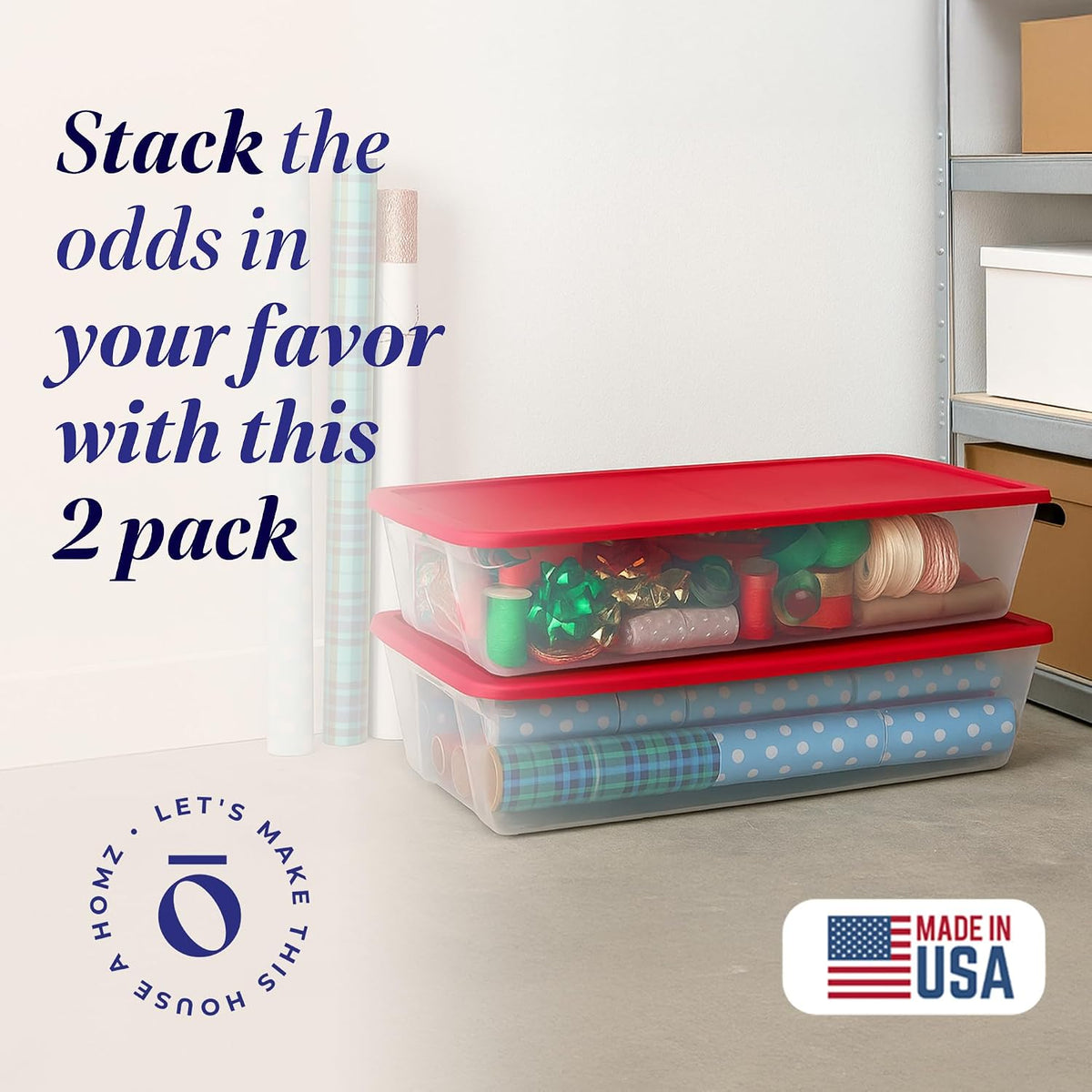 HOMZ Holiday Tote Plastic Storage Bin with Lid, 41 Qt, Clear/Red, 2 Pack