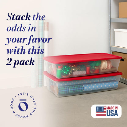 HOMZ Holiday Tote Plastic Storage Bin with Lid, 41 Qt, Clear/Red, 2 Pack