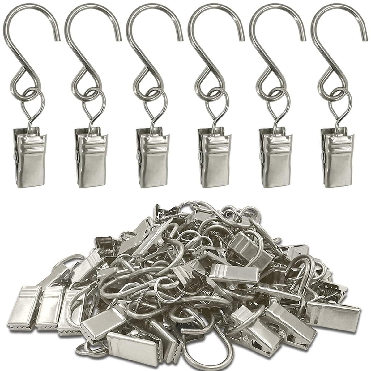 Stainless Steel S Hooks Curtain Clips, 50 Pack Hanging Party Lights Clips Hangers Gutter Photo, Art Craft Display, 2.4 Inch Long, Black