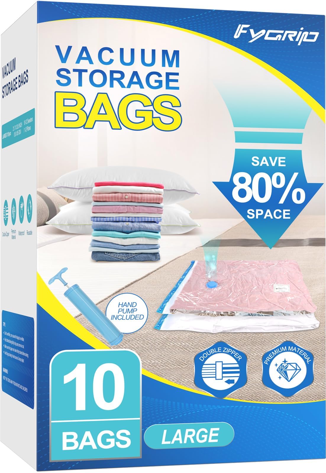 Fygrip 80% Space Saver Vacuum Storage Bags with Hand Pump, 10 Medium