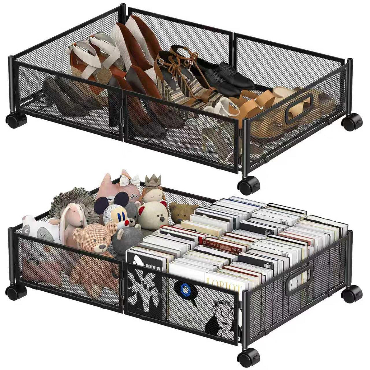 Under Bed Storage Containers,2 Pack Foldable Underbed Storage Containers with Handles and Wheels,Folding Bed Shoes Clothes Organizer,Easy Assembly Underbed Storage for Toy ,Bedding,Bedroom(Black)