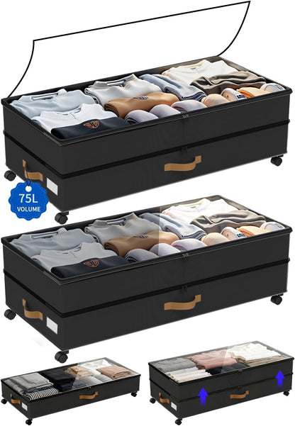 Under Bed Storage with Wheels 2-Pack, 75L XXL Under the Bed Storage Containers Large, 12" Tall Adjustable Storage for Underbed with Lids, Rolling for Clothes, Shoes, Blankets (Black)