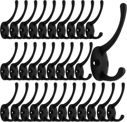 IBosins 32 Pack Black Double Coat Hooks Wall Mounted with 64 Screws