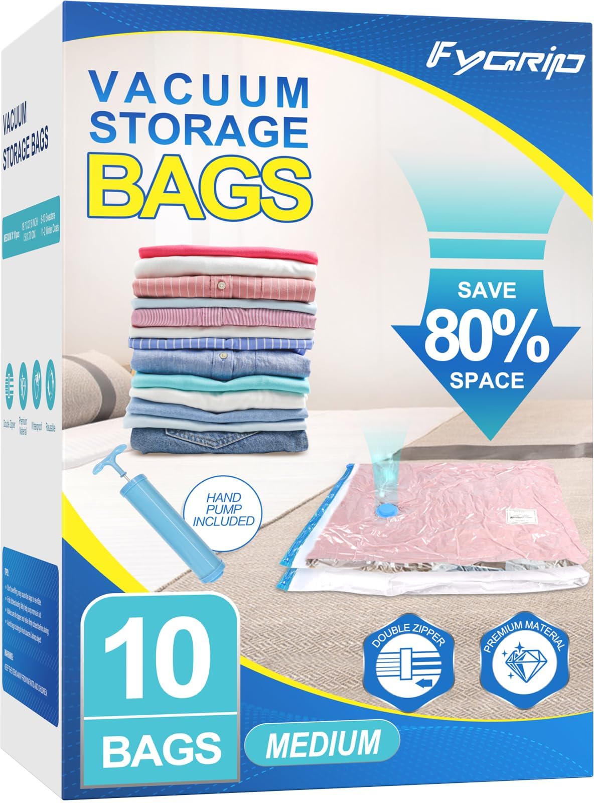 Fygrip 80% Space Saver Vacuum Storage Bags with Hand Pump, 10 Medium