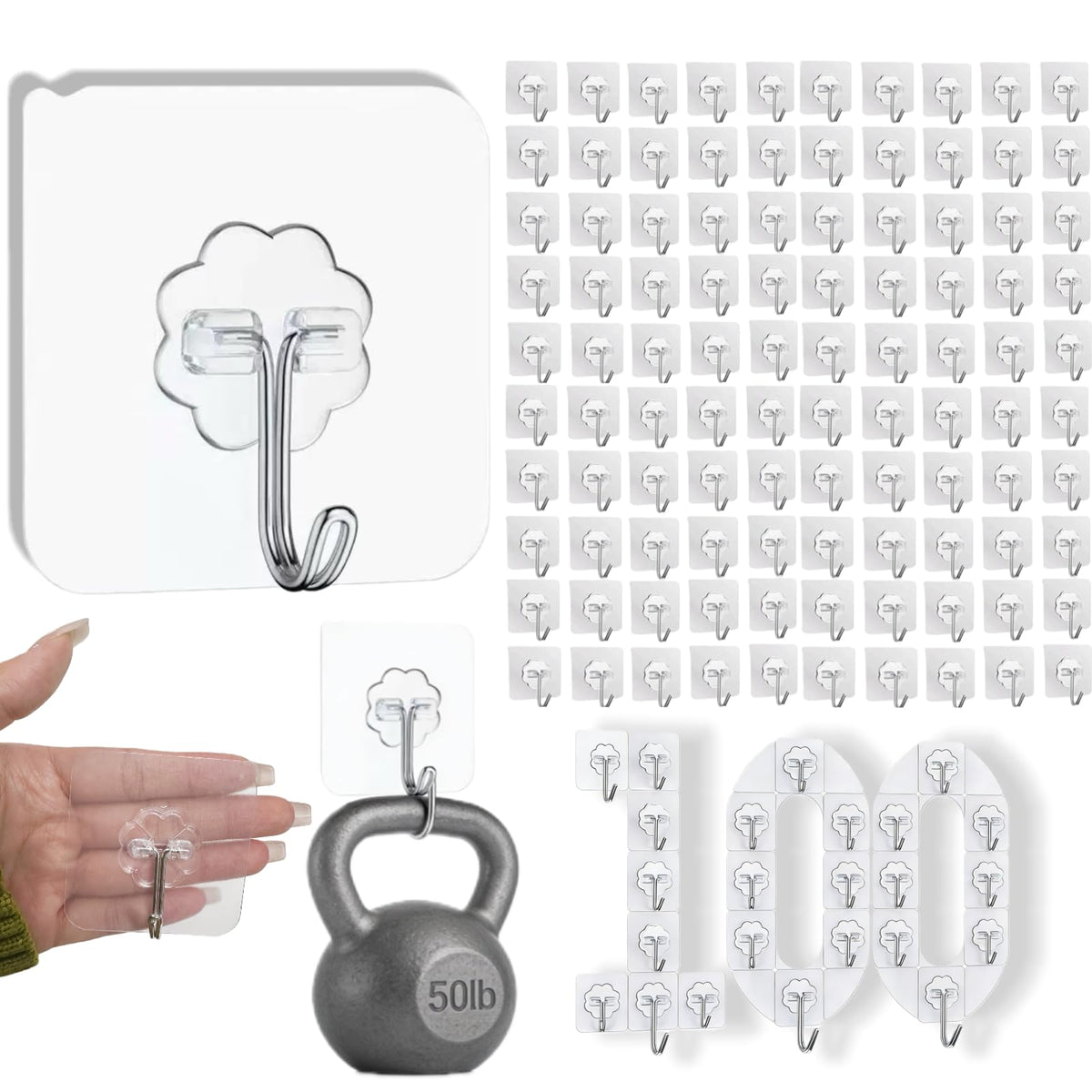 DDMY Adhesive Wall Hooks Heavy Duty 50LB Clear Hook 24 Pack for Hanging