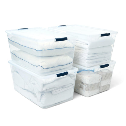 Rubbermaid Cleverstore 42 Quart Stackable Plastic Storage Container Organizer Bin with Latching Lids for Garage, Closet, and Classroom, Clear, 4 Pack
