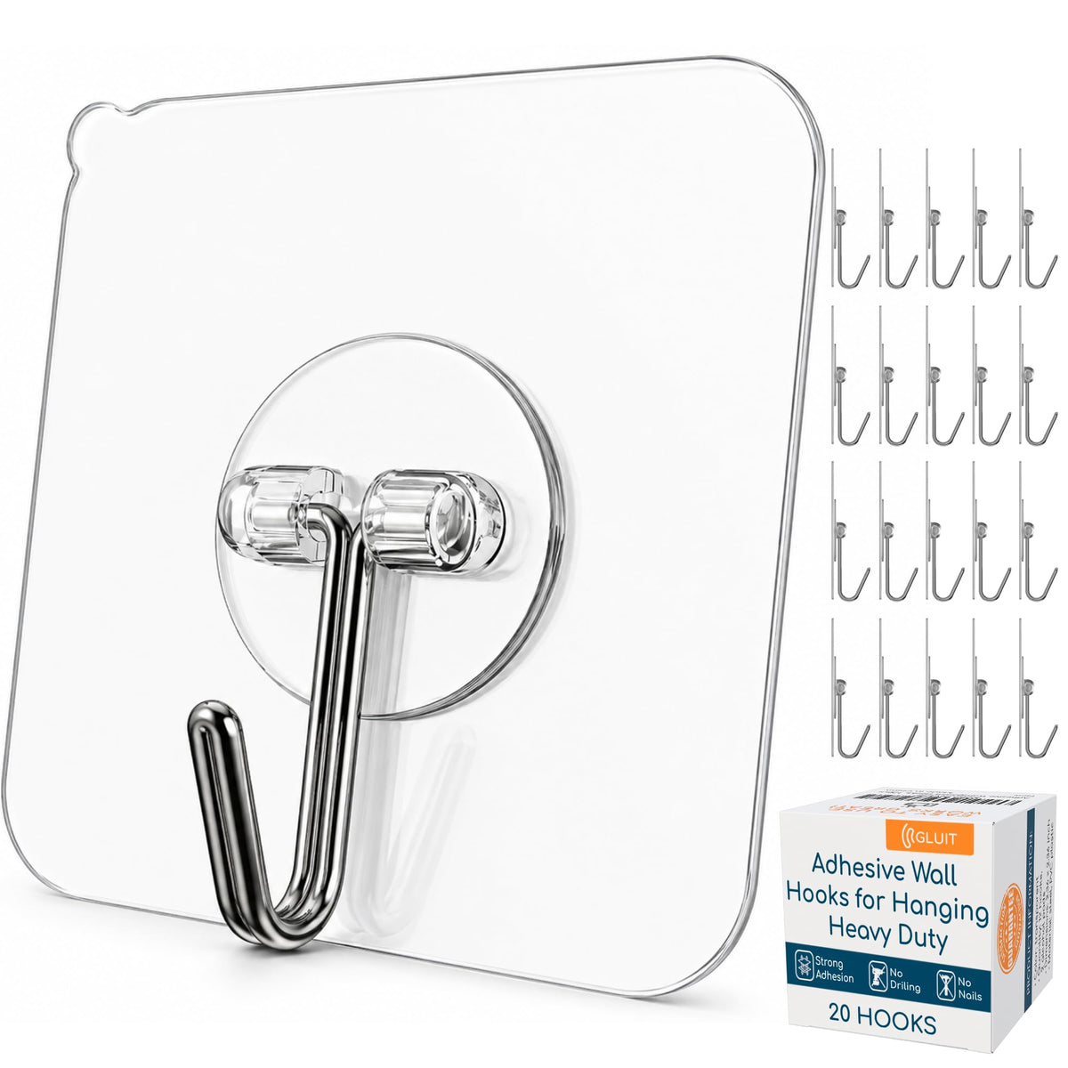 Adhesive Large Wall Hooks for Hanging Heavy Duty No Drill, 22 lbs, 12 pcs