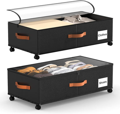 Eastherry Under Bed Storage Containers with Wheels, 9.5 inches Higher Underbed Shoes Blankets Clothes Toy Storage Drawers for College Dorms Bedrooms Nursery Rooms Organization, 2 Pack to be Assembled