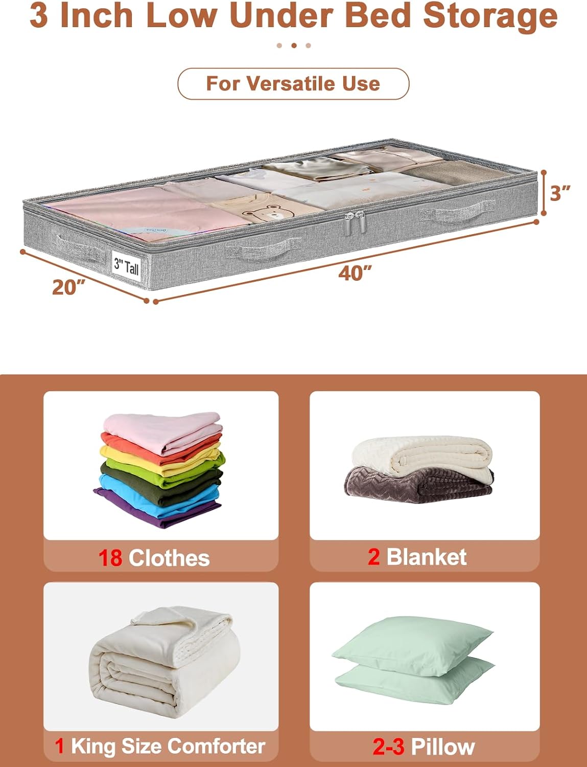 punemi 3 inch High Soft Low Profile Under Bed Storage Bins, 2 Pack, Grey