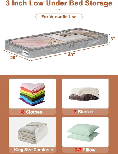 punemi 3 inch High Soft Low Profile Under Bed Storage Bins, 2 Pack, Grey