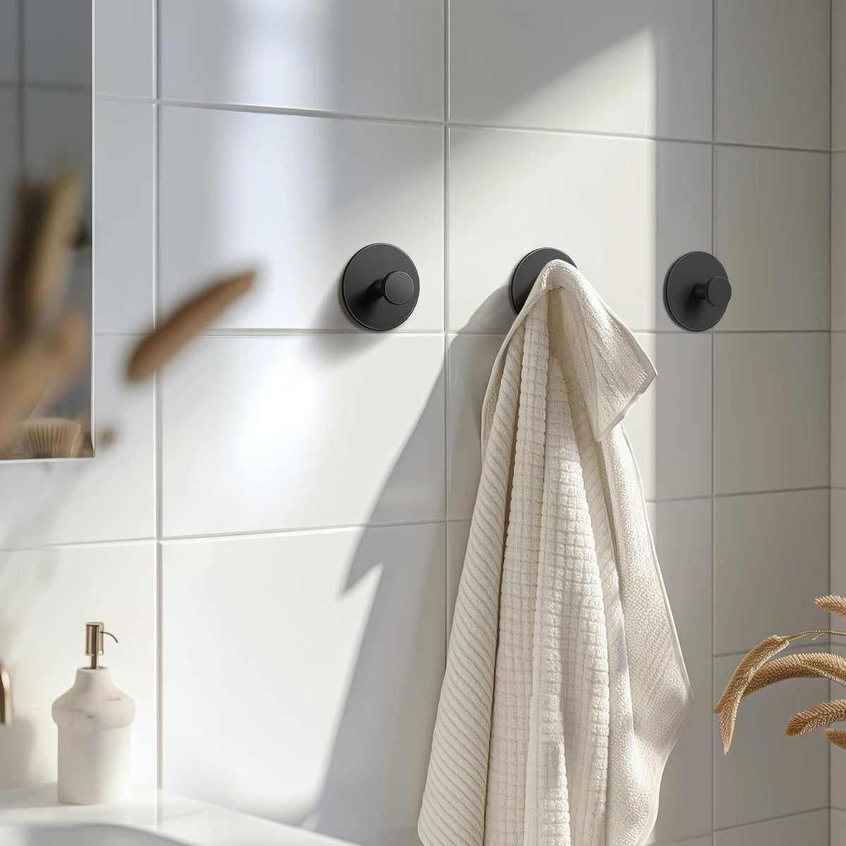 bussdis Multifunctional Towel Hooks for Bathroom Wall - Extra Sticky Stainless, Holds up to 12LB, Coat Hooks Wall Hooks, Adhesive Door Holder Hanger Shower Accessories, Matt Black Heavy Duty