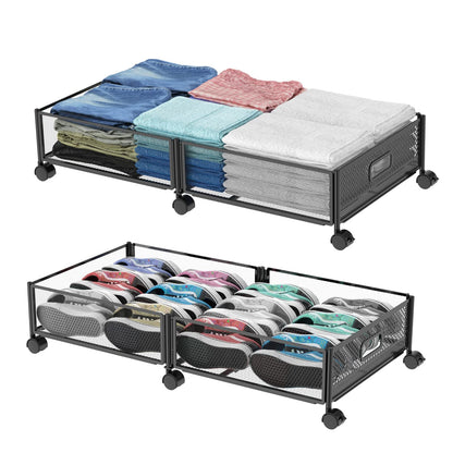 Under Bed Storage with Wheels 47.2"(L)/57.6L Large Rolling Under Bed Storage, Metal Underbed Containers on Wheels, Tool-Free Assembly Foldable Metal Underbed Drawers for Shoes Clothes Toys