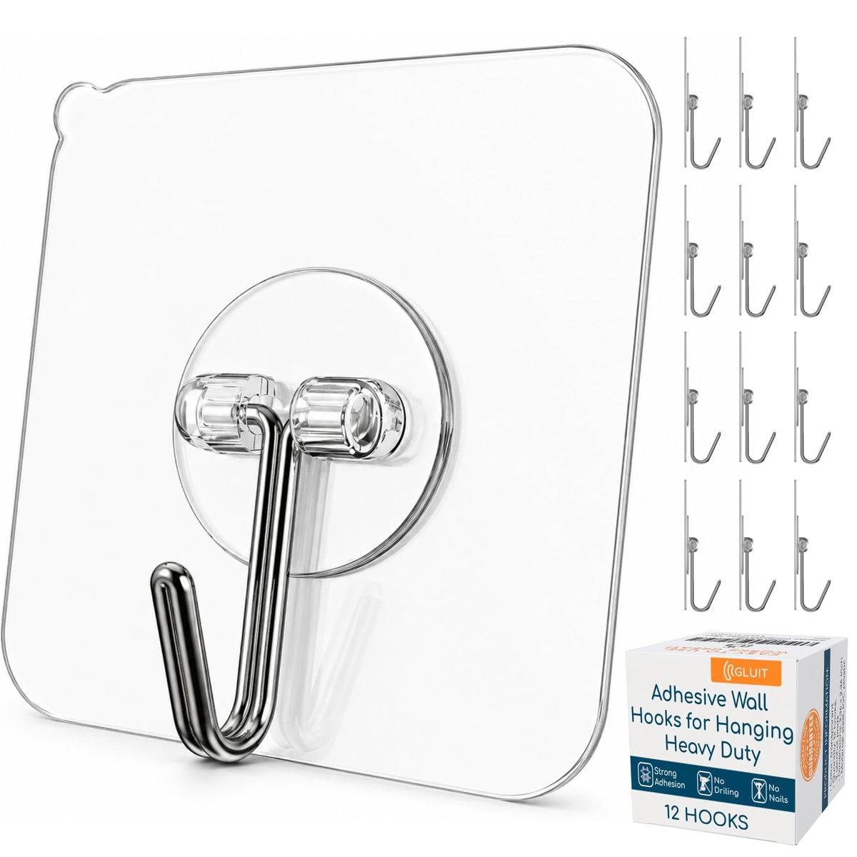 Adhesive Large Wall Hooks for Hanging Heavy Duty No Drill, 22 lbs, 12 pcs