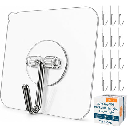Adhesive Large Wall Hooks for Hanging Heavy Duty No Drill, 22 lbs, 12 pcs