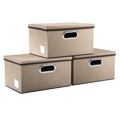 PRANDOM Large Collapsible Storage Bins with Lids [3-Pack] Linen/Cotton Blend Foldable Storage Boxes Organizer Containers Baskets Cube with Cover for Home Bedroom Closet Office Nursery(17.7x11.8x11.8)