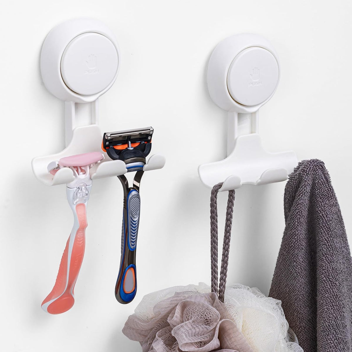 LEVERLOC Razor Holder for Shower 2 Pack, Powerful Suction Cup Hooks, White