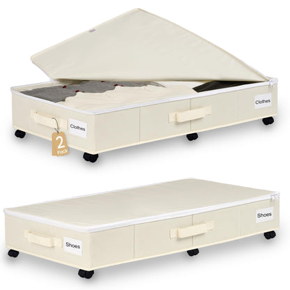 Vincona Under Bed Storage with Wheels, 2 Pack Under Bed Storage Containers with Label Holders for Clothes, Shoes and Blankets, Rolling Underbed Shoe Organizer with Cover, Beige (30.71x15.7x7.28 in)