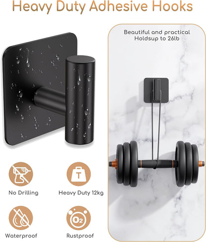 Aikzik 4 Pack Large Heavy Duty Wall Hooks - 26lb Max, Stainless Steel Adhesive Towel Hook, Shower Hooks for Hanging Towel, Coat, Robe, Wall Hook for Use in Bathroom, Kitchen and Door, Matte Black