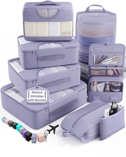 Veken 10 Set/8 Set Packing Cubes for Travel Essentials,Anti-Wrinkle Buckled Suitcase Organizer for Shoe & Toiletry Bag,Carry On Luggage Bag for Airplane & College Dorm Room Accessories,Women Men Gifts