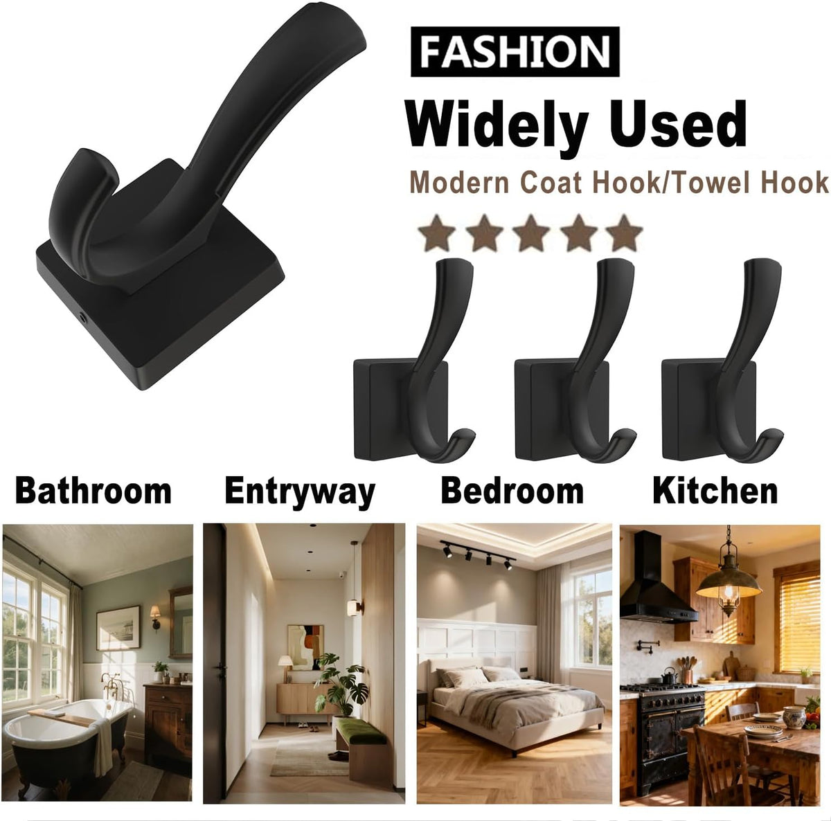 TOFIIGREM Black Towel Hooks Coat Hooks for Wall, Hand Towel Holder Robe Hook for Bathroom, Entryway Hat Hooks for Hanging Coat Towels Keys Hats (6 Pack)