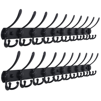 Dseap Coat Rack Wall Mounted - 5 Tri Hooks, Heavy Duty, Stainless Steel, Metal Coat Hook Rail for Coat Hat Towel Purse Robes Mudroom Bathroom Entryway (Black, 2 Packs)