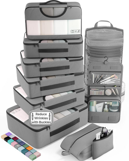 Veken 10 Set/8 Set Packing Cubes for Travel Essentials,Anti-Wrinkle Buckled Suitcase Organizer for Shoe & Toiletry Bag,Carry On Luggage Bag for Airplane & College Dorm Room Accessories,Women Men Gifts