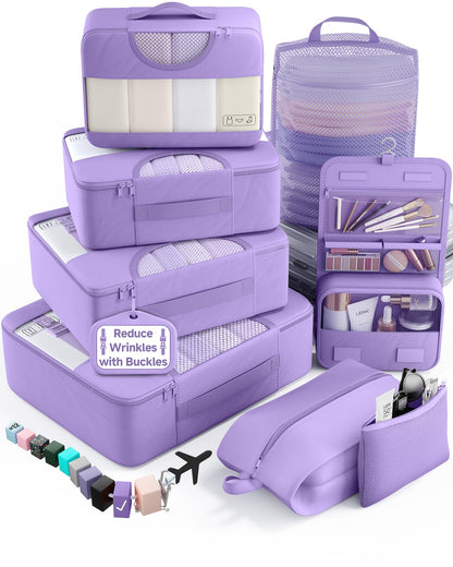 Veken 10 Set/8 Set Packing Cubes for Travel Essentials,Anti-Wrinkle Buckled Suitcase Organizer for Shoe & Toiletry Bag,Carry On Luggage Bag for Airplane & College Dorm Room Accessories,Women Men Gifts