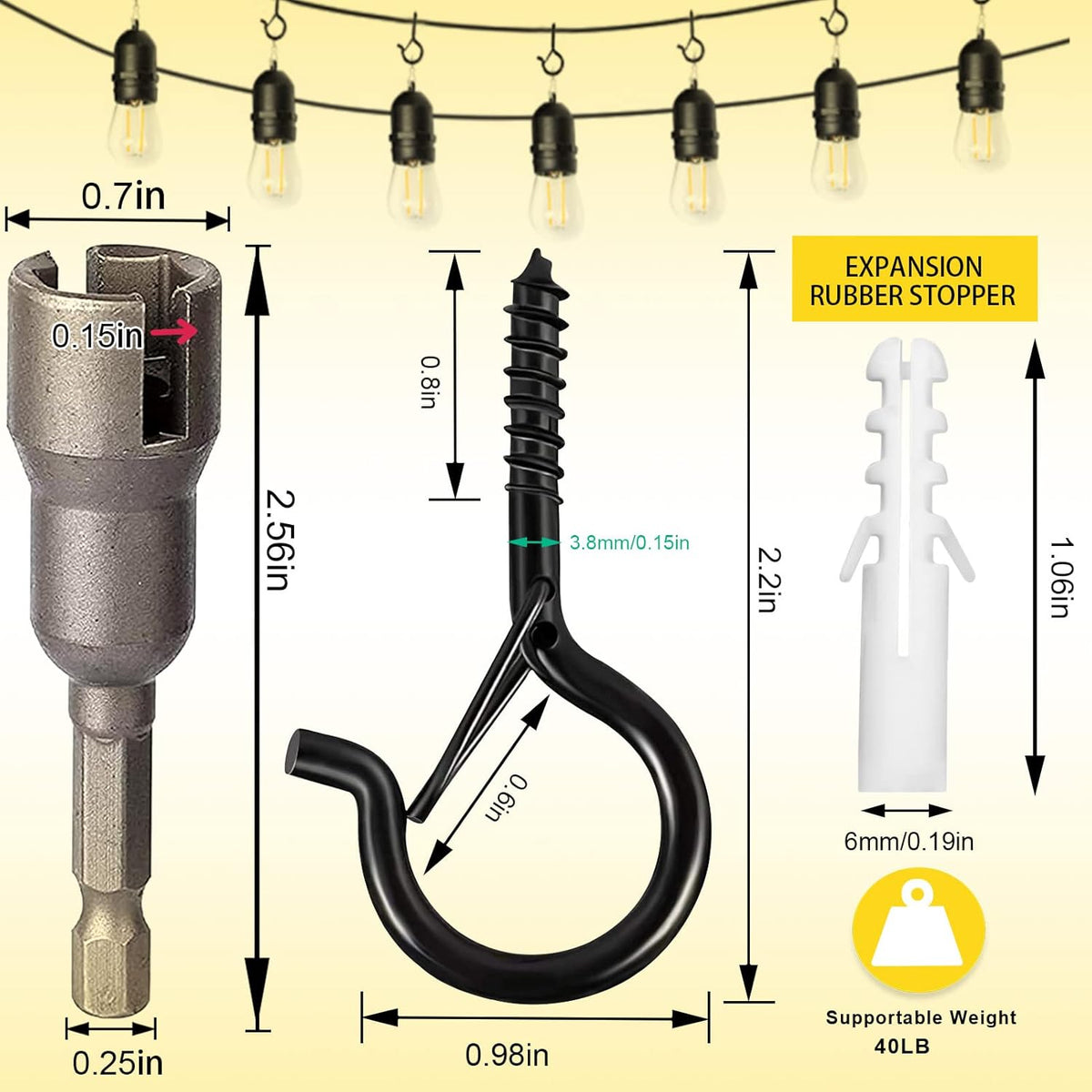 cyrico Hooks for Outdoor String Lights, 52 Pack Screw Hooks for Hanging Plants Led Party Lights Garage Wind Chimes, Black Heavy Duty Q Hanger Ceiling with Safety Buckle, Box and Wing Nut Driver