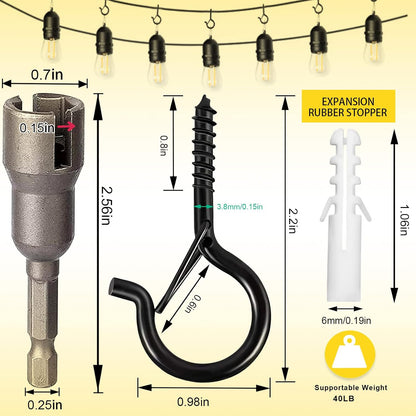 cyrico Hooks for Outdoor String Lights, 52 Pack Screw Hooks for Hanging Plants Led Party Lights Garage Wind Chimes, Black Heavy Duty Q Hanger Ceiling with Safety Buckle, Box and Wing Nut Driver