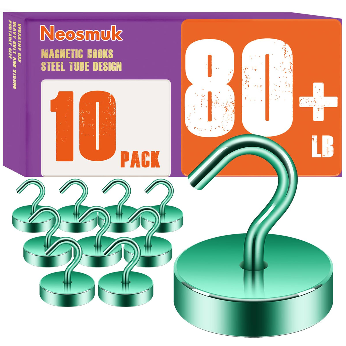 Neosmuk Magnetic Hooks Steel Tube Design for Cruise,80lb+ Black,10 Pack