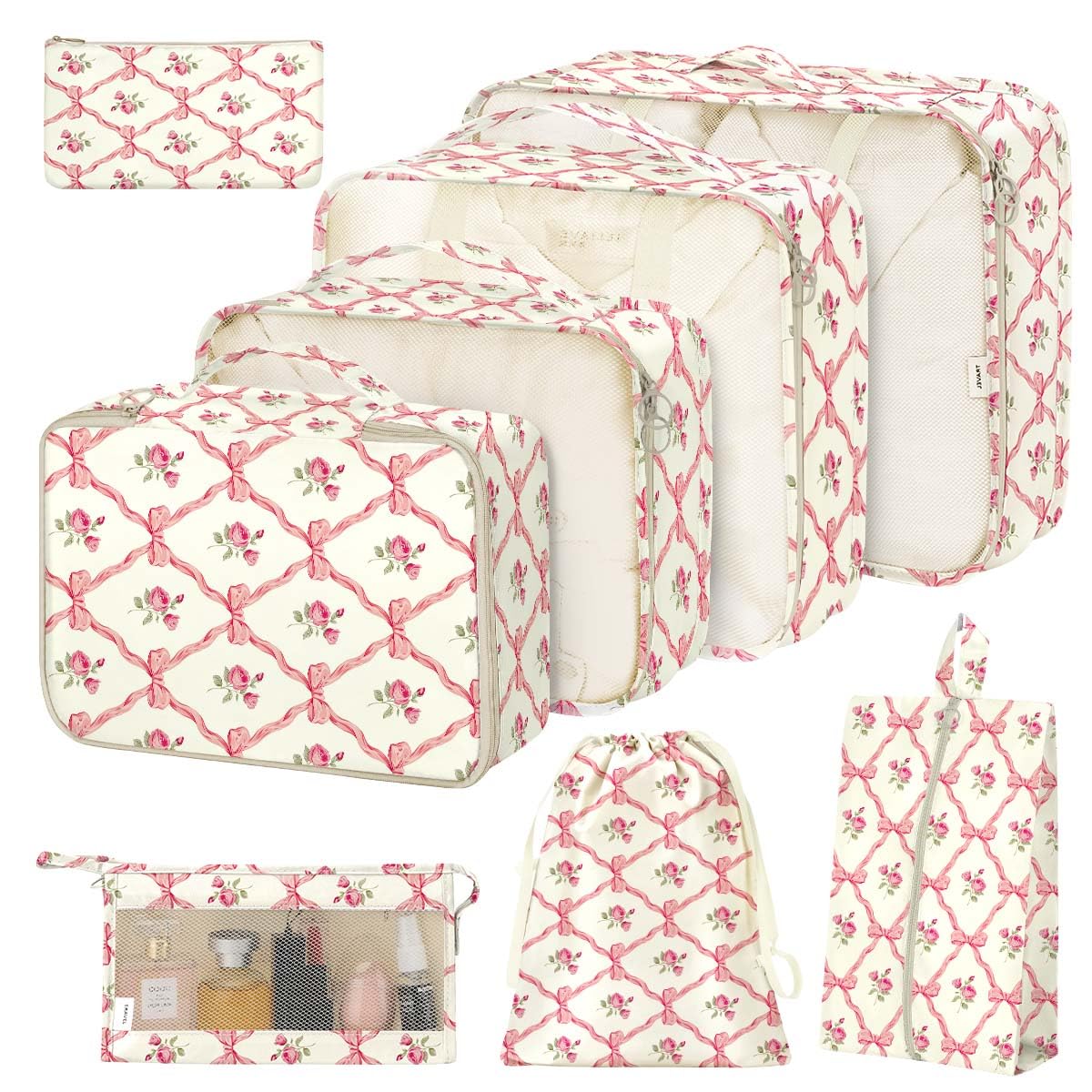 8 Set Packing Cubes for Suitcases,Suitcase Organizer with Shoe,Cosmetics,Clothing, and Accessories Bags for Travel Luggage Organizer Women Men(Pink Bows)