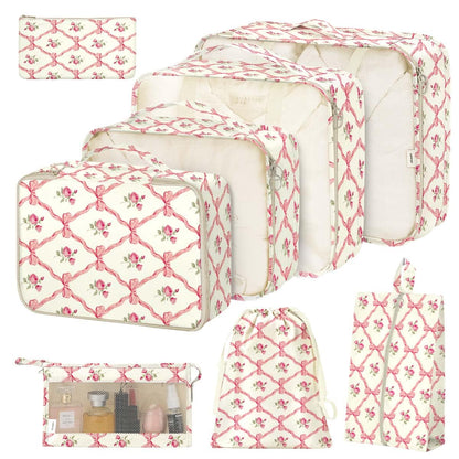 8 Set Packing Cubes for Suitcases,Suitcase Organizer with Shoe,Cosmetics,Clothing, and Accessories Bags for Travel Luggage Organizer Women Men(Pink Bows)