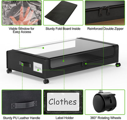 Molutsody Under Bed Storage with Wheels, 2-Pack Underbed Storage Containers with Clear Lids, Under Bed Shoe Storage Organizer, Rolling Under the Bed Storage Bins for Clothes Shoes Blankets (Black)