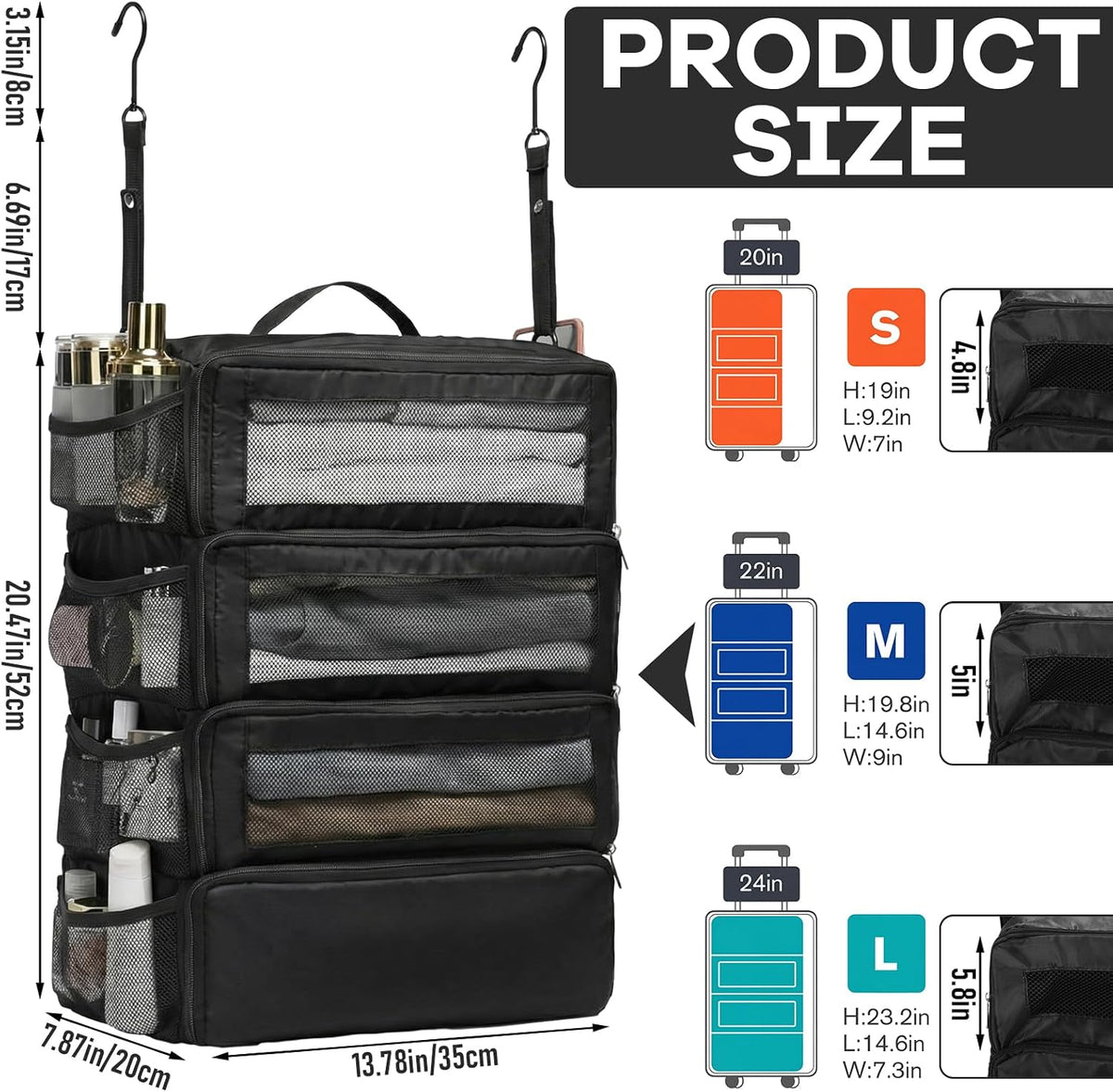 Hanging Suitcase Organizer Travel Black 4 Layer Clothes Shelves