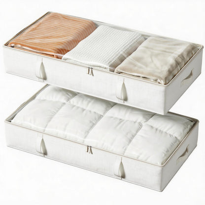 Vailando Side-Supported Under Bed Storage Containers, 6 Inches Tall 60L Underbed Storage Bins with Sturdy Handles and Sidewalls, Closet Organizer for Clothes, Blankets, Seasonal Items, Beige, 2-Pack