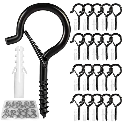 cyrico Hooks for Outdoor String Lights, 52 Pack Screw Hooks for Hanging Plants Led Party Lights Garage Wind Chimes, Black Heavy Duty Q Hanger Ceiling with Safety Buckle, Box and Wing Nut Driver
