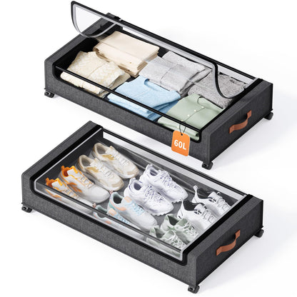 Yecaye 60 L Under Bed Storage with Wheels, 2 Pack Under Bed Storage Containers with Clear Window & Label, Rolling Under bed Shoe Storage organizer for Clothes, Shoes, Black