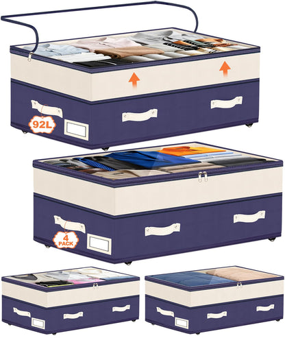 Dolicer 2 Pack Under Bed Storage with Wheels, 6in-10in Height Adjustable Underbed Storage Containers, 92L XXXL Under Bed Drawers Rolling Bin with Clear Lids for Dorm Shoes Clothes Organizers(Grey)