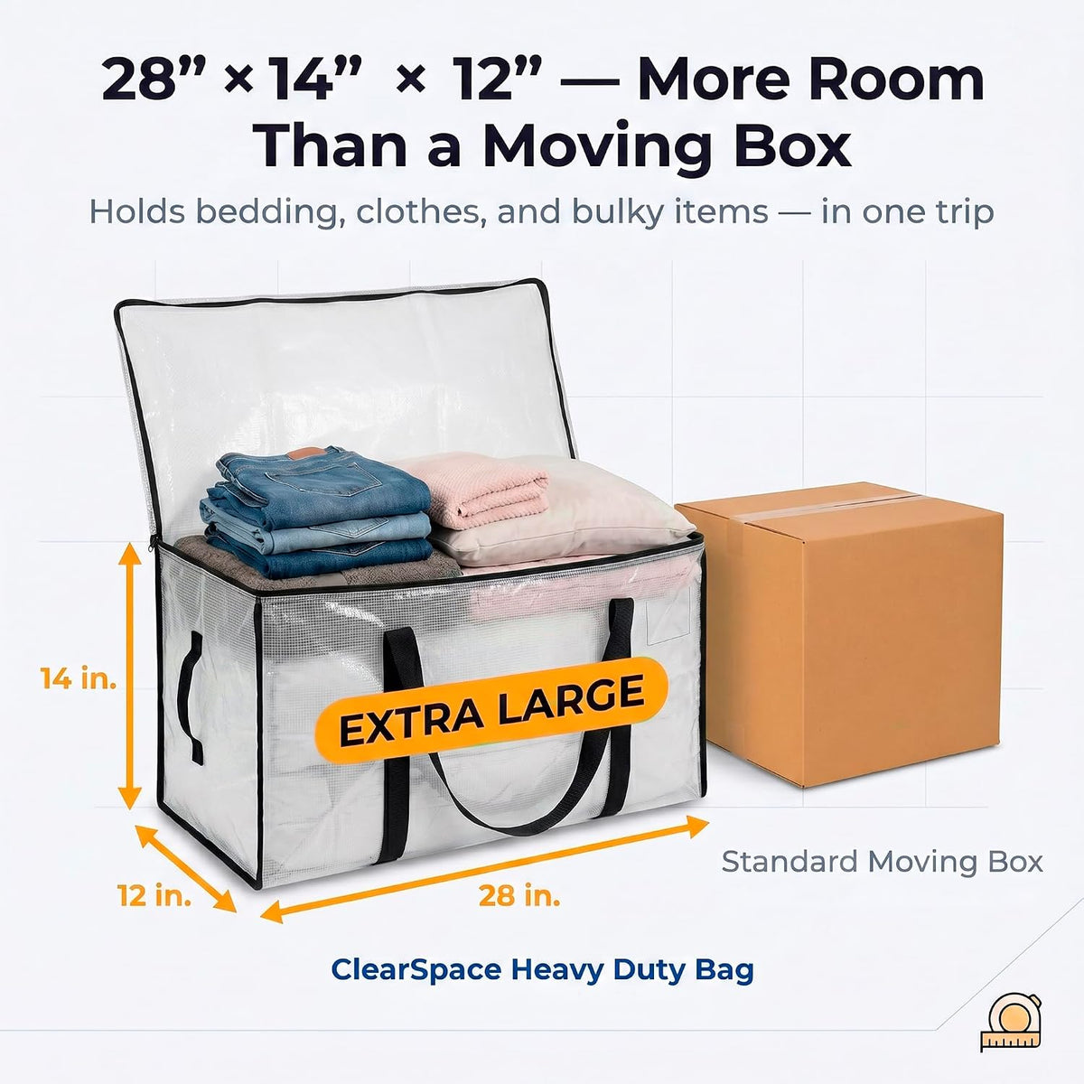 ClearSpace Heavy Duty Moving Bags - Water Resistant Storage Bags with Backpack Straps, Zippers and Handles - Large Moving Boxes for College Dorm, Travel, Closet Organization - 6 Pack, Clear