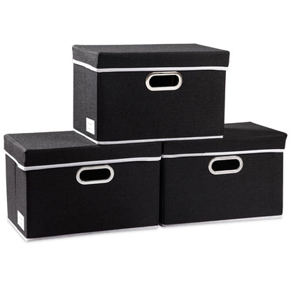 PRANDOM Large Collapsible Storage Bins with Lids [3-Pack] Linen/Cotton Blend Foldable Storage Boxes Organizer Containers Baskets Cube with Cover for Home Bedroom Closet Office Nursery(17.7x11.8x11.8)