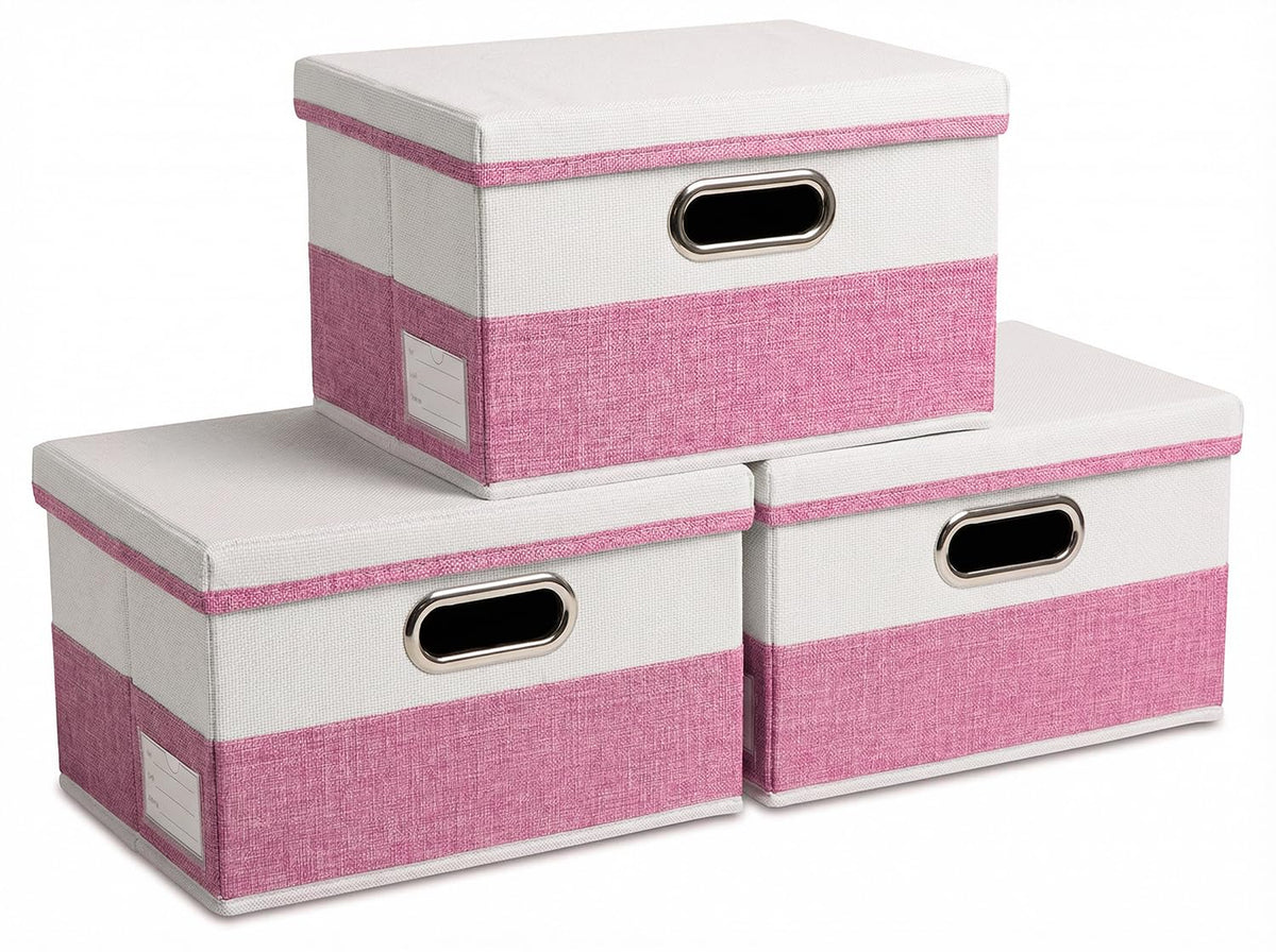 PRANDOM Large Collapsible Storage Bins with Lids [3-Pack] Linen/Cotton Blend Foldable Storage Boxes Organizer Containers Baskets Cube with Cover for Home Bedroom Closet Office Nursery(17.7x11.8x11.8)