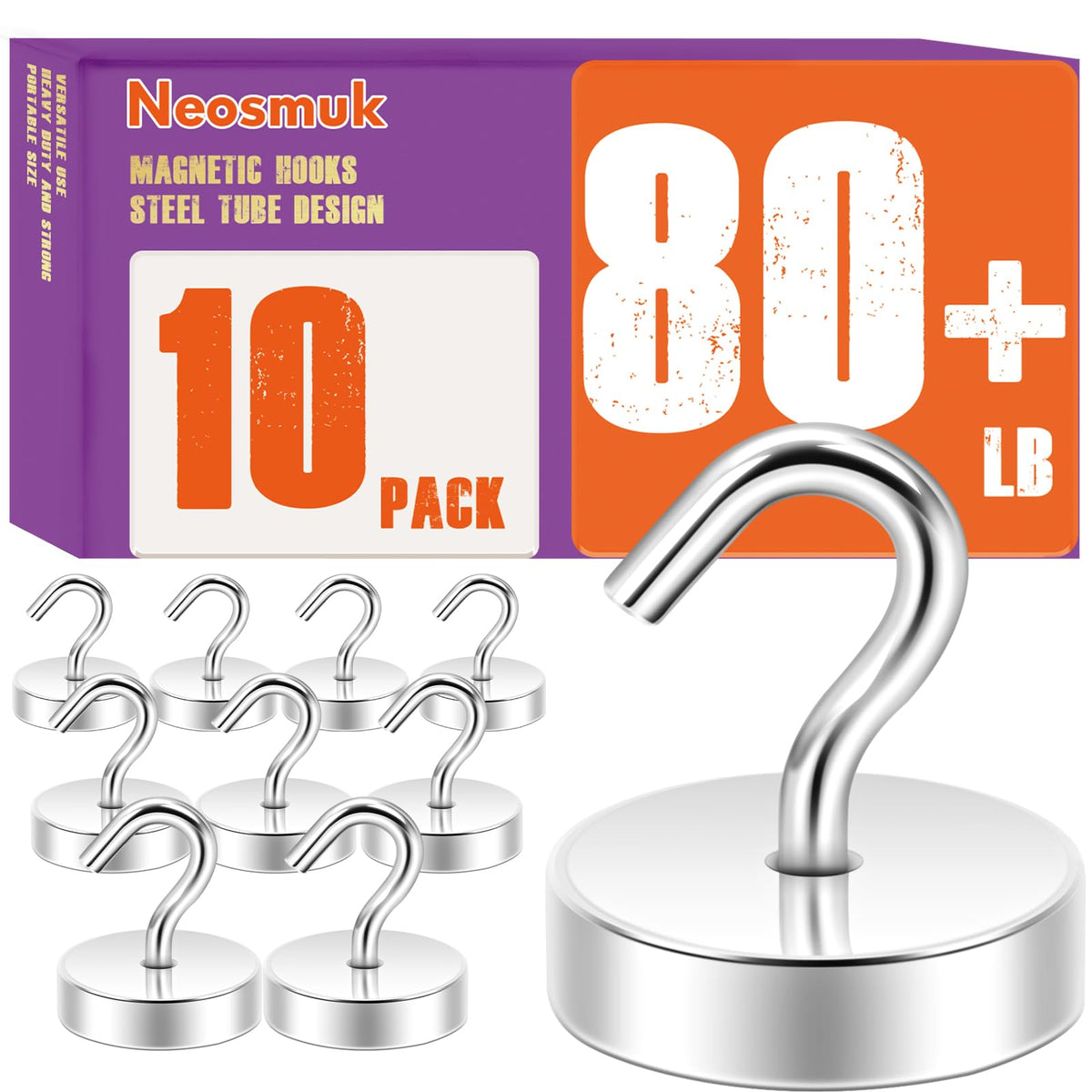Neosmuk Magnetic Hooks Steel Tube Design for Cruise,80lb+ Black,10 Pack
