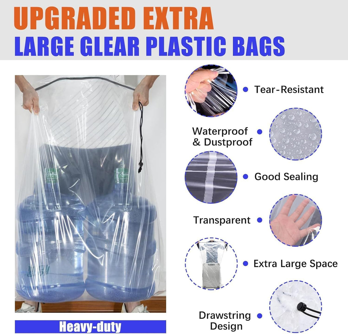 36x50 Inch Extra Large Clear Plastic Suitcase Storage Bags, 3 Pack, 4 Mils