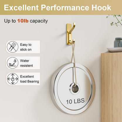 Adhesive Wall Hooks for Towel/Coat,13Lb Strong Stick-On Hooks, Gold 4 Pack