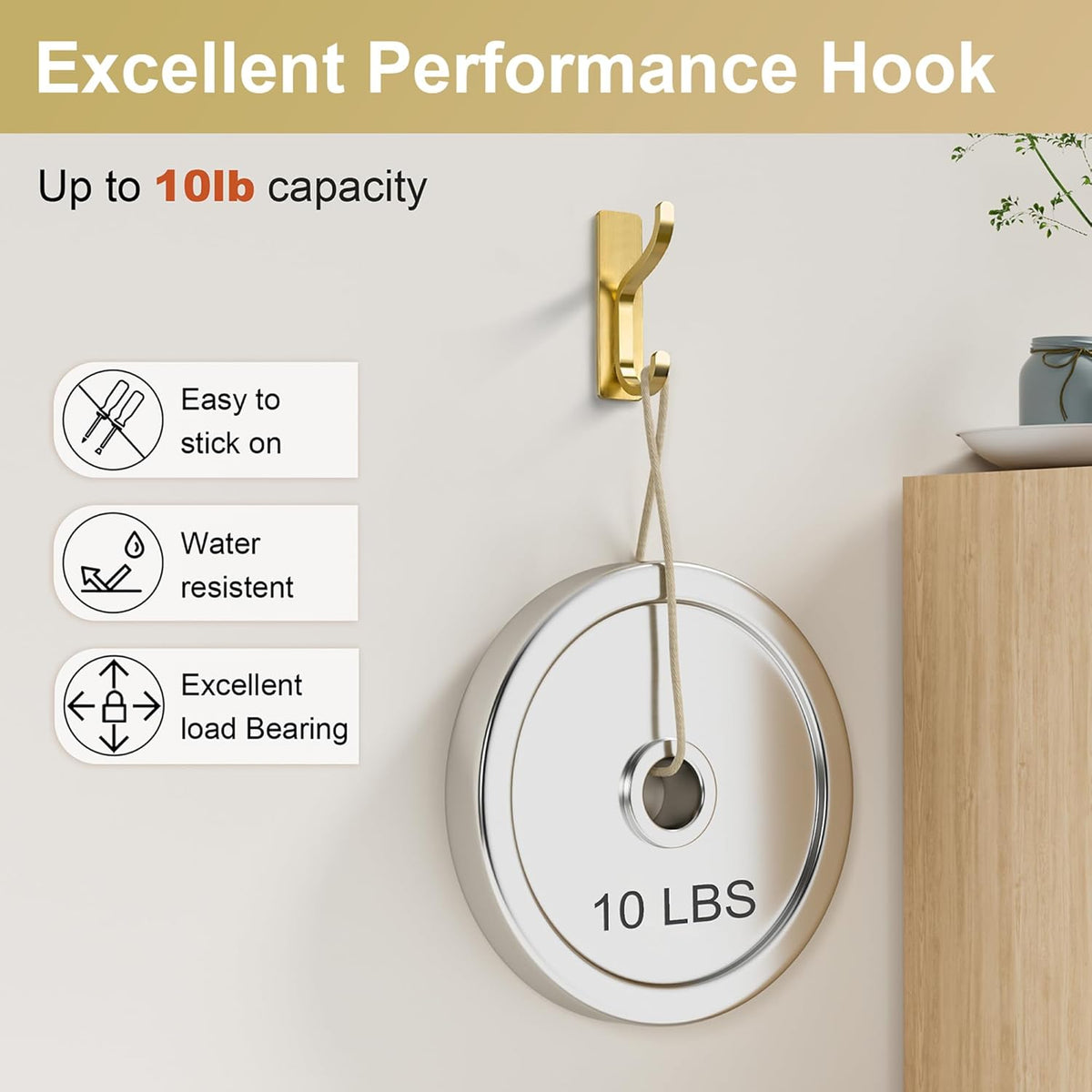 Adhesive Wall Hooks for Towel/Coat,13Lb Strong Stick-On Hooks, Gold 6 Pack