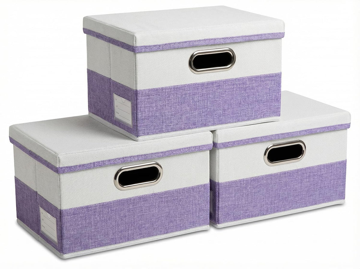 PRANDOM Large Collapsible Storage Bins with Lids [3-Pack] Linen/Cotton Blend Foldable Storage Boxes Organizer Containers Baskets Cube with Cover for Home Bedroom Closet Office Nursery(17.7x11.8x11.8)