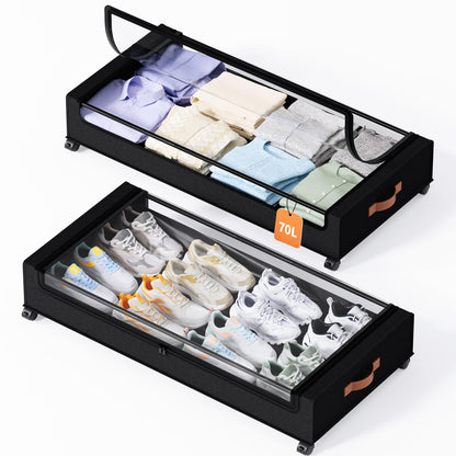 Yecaye 60 L Under Bed Storage with Wheels, 2 Pack Under Bed Storage Containers with Clear Window & Label, Rolling Under bed Shoe Storage organizer for Clothes, Shoes, Black