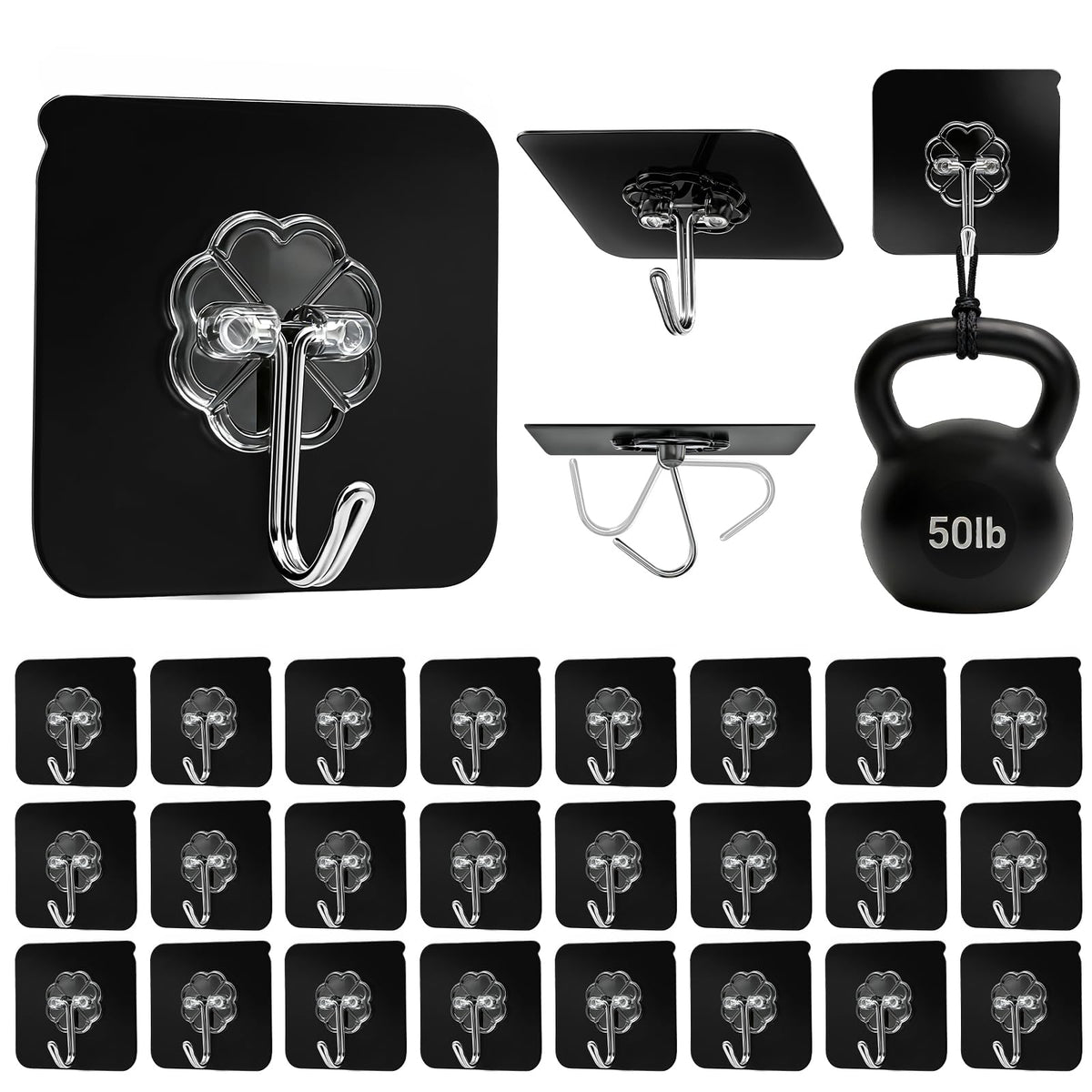 DDMY Adhesive Wall Hooks Heavy Duty 50LB Clear Hook 24 Pack for Hanging