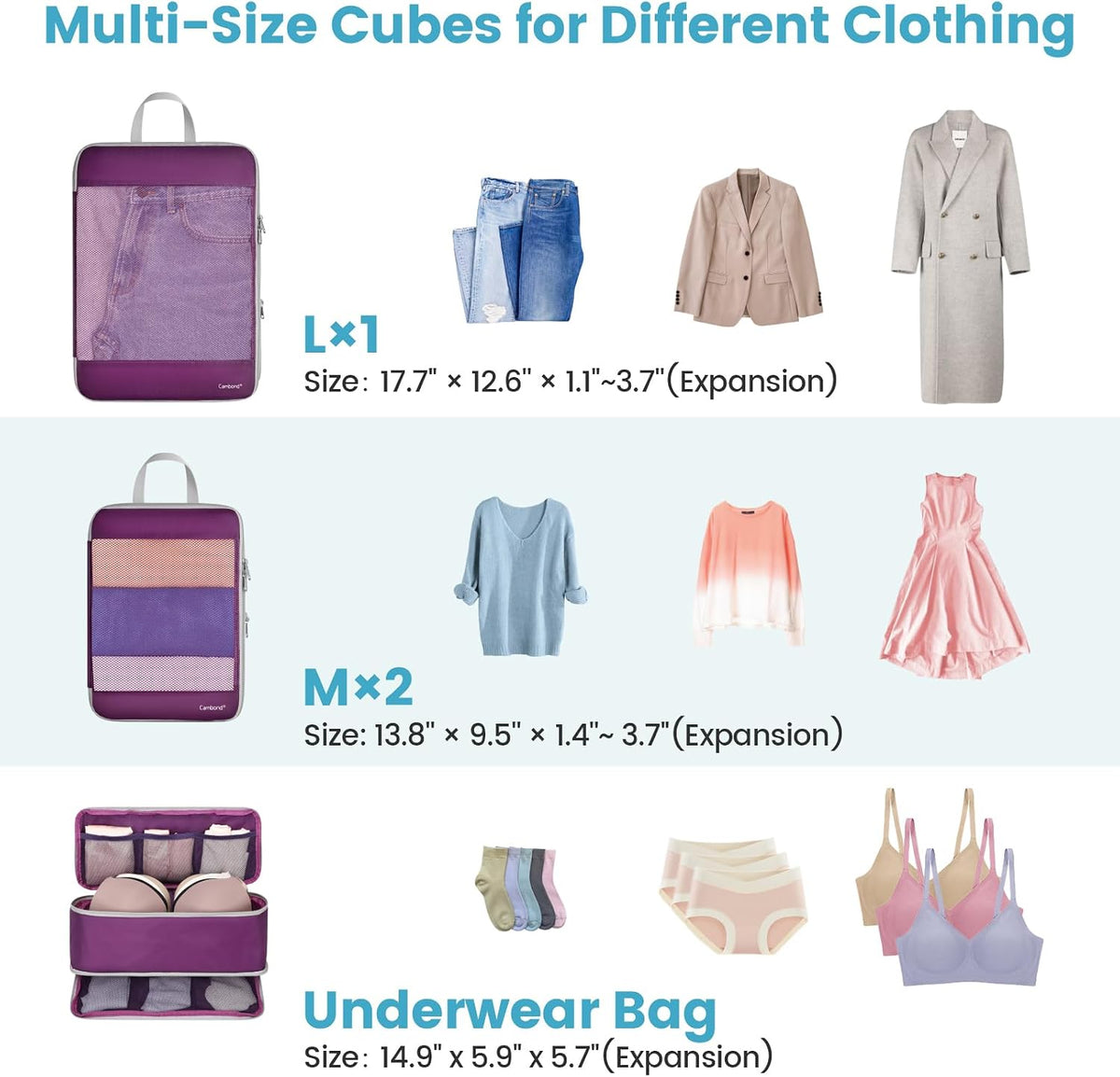 Cambond Mesh Compression Packing Cubes for Travel - 4 Set Organizer, Purple