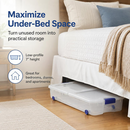 66 Quart Large Capacity Underbed Storage Container with Wheels & Lid | Clear Plastic Rolling Storage Bin for Bedroom, Closet Organization | 39.5” Design for Blankets, Seasonal Clothing & Holiday Decor